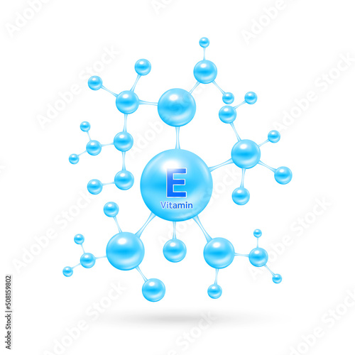 Vitamin E complex and minerals in molecular form. Dietary supplement for pharmacy advertisement. Science medic concept. Blue vitamin isolated on white background. Vector EPS10.