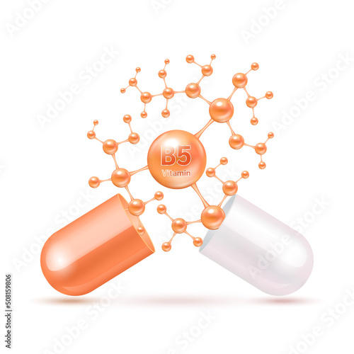Vitamin B5 orange in capsule. Vitamins complex and minerals in molecular form. Dietary supplement for pharmacy advertisement. Science medic concept. Isolated on white background. Vector EPS10.