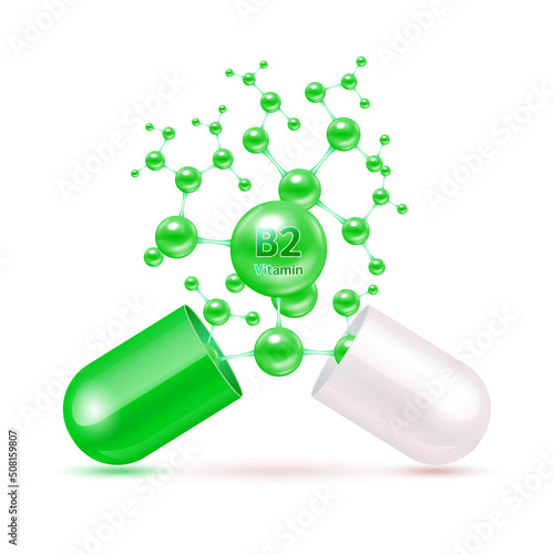 Vitamin B2 green in capsule. Vitamins complex and minerals in molecular form. Dietary supplement for pharmacy advertisement. Science medic concept. Isolated on white background. Vector EPS10.