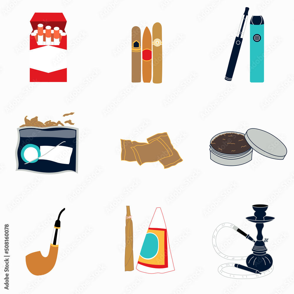 Smoking addict tobacco product icons set with nicotine cigarette in