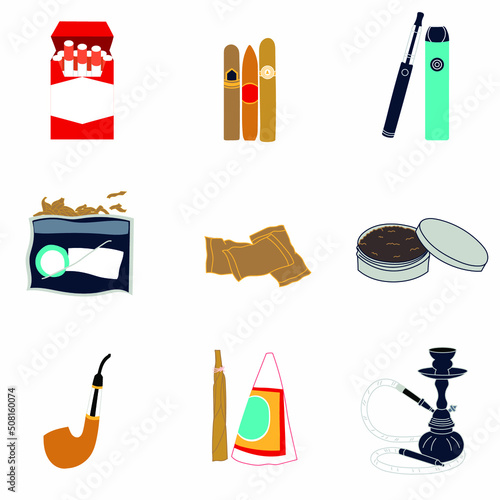 Smoking addict tobacco product icons set with nicotine cigarette in pack box, cigars, vaping devices, chewing tobacco powder, snus, snuff, pipe, bidis, and hookahs