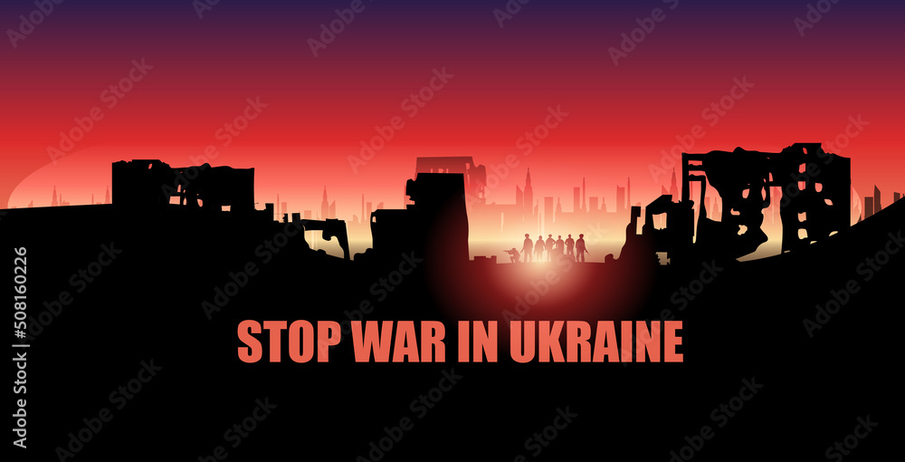 city destroy environment broken buildings destruction war zone pray for Ukraine peace banner horizontal