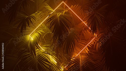 Tropical Leaves Illuminated with Yellow and Orange Fluorescent Light. Jungle Environment with Diamond shaped Neon Frame. photo