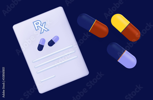 Pill and prescription rx, pharmaceutical banner 3d. Medicine capsules, list of pills. The concept of treatment and prevention, doctor appointment, prescription and list medicines. Vector illustration