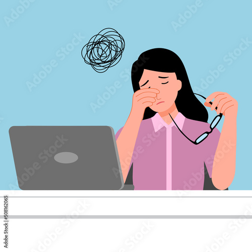 Office worker female holding glasses with headache symptom. Employee feel tired and fatigue from overload work. Problem at work.