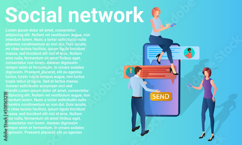 Social network.People communicate with each other using messengers.Poster in business style.Flat vector illustration.