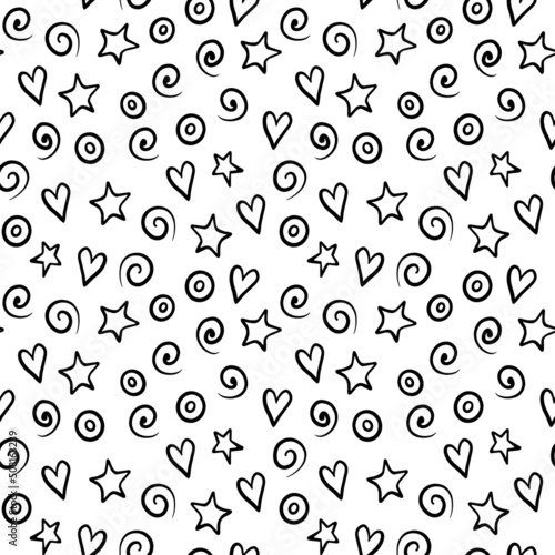 Seamless pattern with simple doodle elements. Black shapes on white background. Vector illustration.