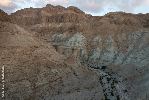 View  at dawn of mountains of stone desert near the Khatsatson stream on the Israeli side of the Dead Sea near Jerusalem in Israel