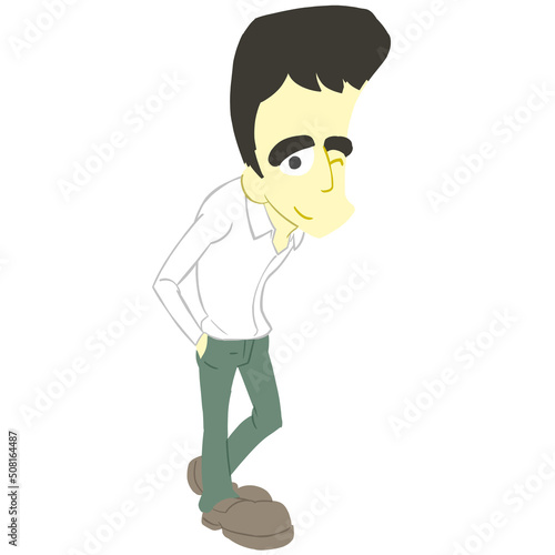 細身のカートゥーン男性のイラスト　線無し　黒髪　笑顔