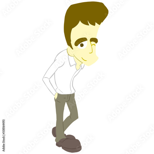 細身のカートゥーン男性のイラスト　線無し　茶髪　笑顔