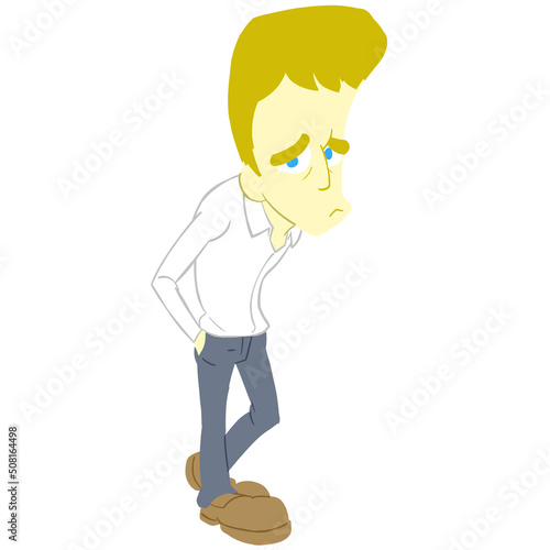 細身のカートゥーン男性のイラスト　線無し　白人　困り顔
