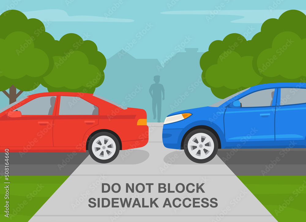 Outdoor parking rules and tips. Incorrect parked cars. Do not block sidewalk access when parking. Flat vector illustration template.
