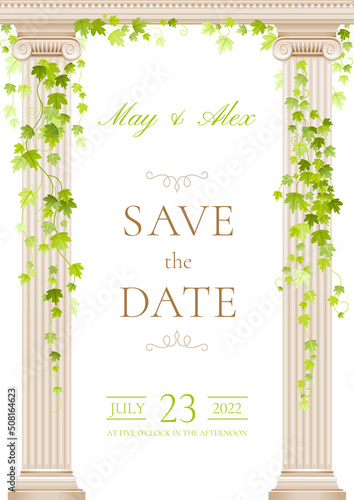 Wedding invitation card with arch. Vector vintage watercolor frame with ivy plant on greek column arch. Wedding floral garden illustration background. Greece or rome style invitation design template