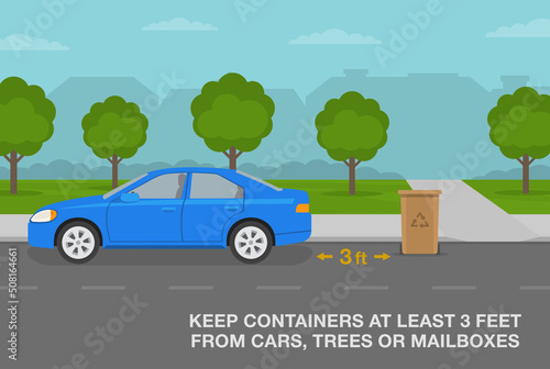 Residential waste and recycling or trash pickup service rules. Bins on sidewalk. Keep containers at least 3 feet from cars, trees or mailboxes. Flat vector illustration template. 