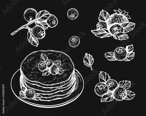 blueberry pancake vector sketch. pancake on a plate with blueberries vector drawing on black background chalk