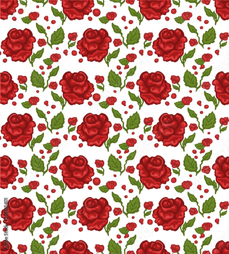 Vector seamless pattern with red roses branches on a white background. Vector illustration