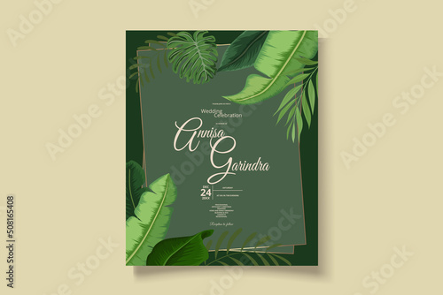  Wedding invitation card template set with beautiful  tropical leaves Premium Vector