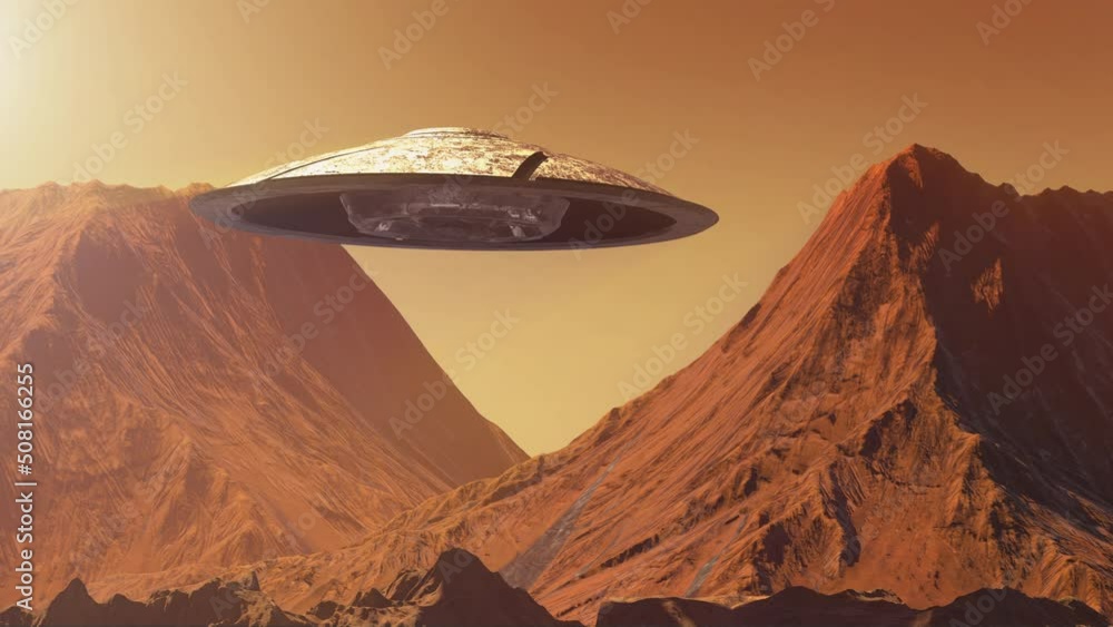 Massive Ufo alien saucer flying over planet mars 

3D rendering, cinematic view of alien spacecraft and ufo concept
