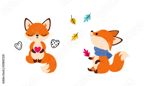 Cute Red Fox in Scarf Watching Leaf Falling and Meditating in Yoga Pose Vector Set