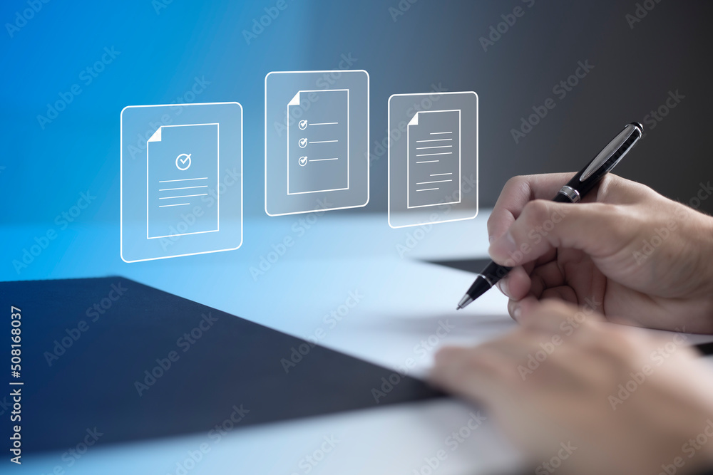 Businessman, work from home, handling documents, E-signing, signing digital contracts electronic signing electronic signature through internet technology document data management smart contract Businessman, work from home, handling documents, E-signing, signing digital contracts electronic signing electronic signature through internet technology document data management smart contract
