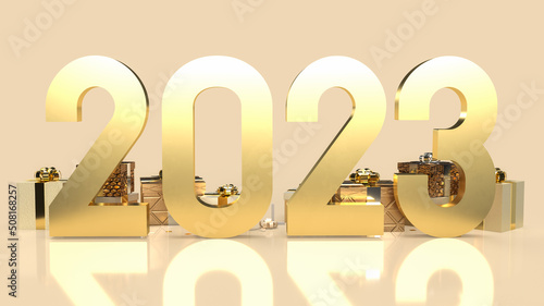 The 2023 gold number and gift box for celebration or happy new year concept 3d rendering