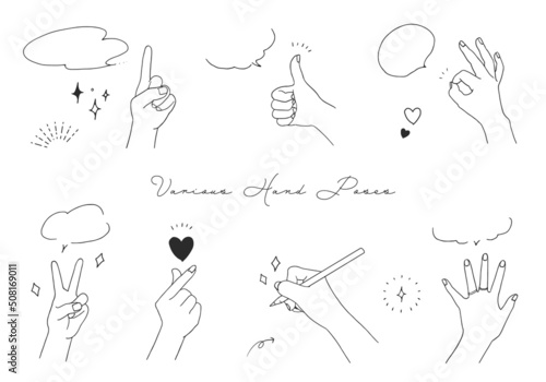 様々な種類のハンドサイン、ハンドポーズ、手のポーズと吹き出しの手描きの線画のベクターイラスト(sign,icon,set,collection,line art,line,good,Rock-paper-scissors,heart,finger,sketch)