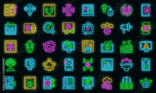 Monetization icons set outline vector. Income website. Passive remote vector neon