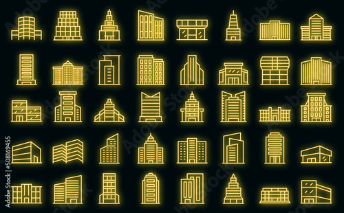 Business center icons set outline vector. House architecture. Central city vector neon