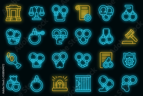 Handcuffs icons set outline vector. Cuff jail. Police arrest vector neon