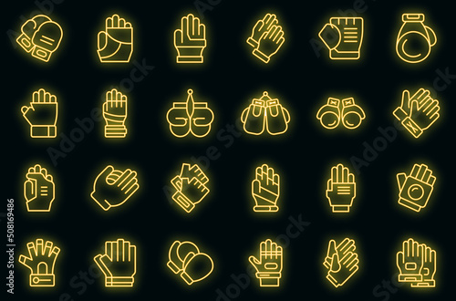Sport gloves icons set outline vector. Fingers sport. Winter glove vector neon