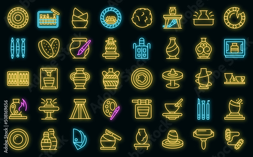 Pottery class icons set outline vector. Artist craft. People pot vector neon