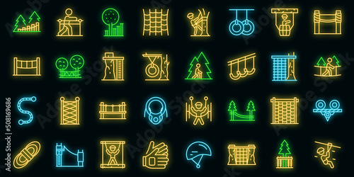 Rope park icons set outline vector. Walk adult. Sport forest vector neon