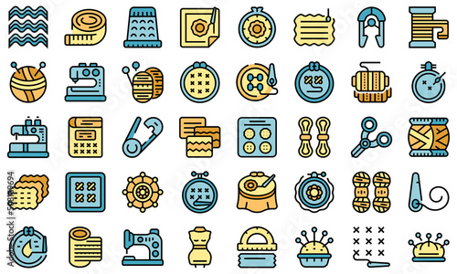 Embroidery class icons set outline vector. Children classroom. Fun school thin line color flat on white
