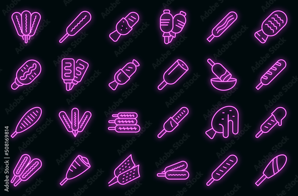 Corn dog icons set outline vector. American carnival. Chili dish vector neon Corn dog icons set outline vector. American carnival. Chili dish vector neon