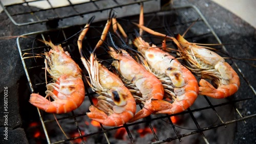 Closeup focus to Grill the  shrimp on stove  photo