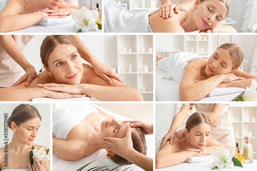 Collage with beautiful woman having massage in spa salon