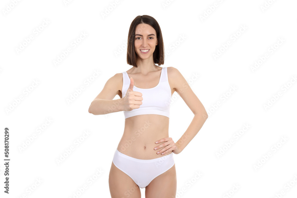 Concept of weight loss with thin girl, isolated on white background Concept of weight loss with thin girl, isolated on white background