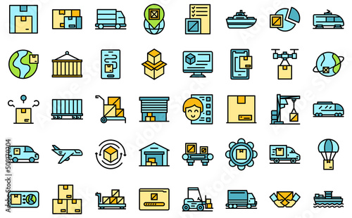 Freight traffic icons set outline vector. Train goods. Car cargo thin line color flat on white photo