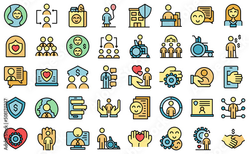 Social worker icons set outline vector. Elder care. Senior people thin line color flat on white