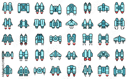 Jetpack icons set outline vector. Rocket fly. Kid school thin line color flat on white