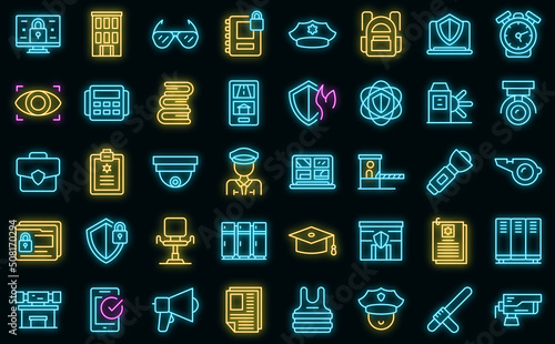 Volcanic eruption icons set outline vector. Adventure climb. Volcano active vector neon