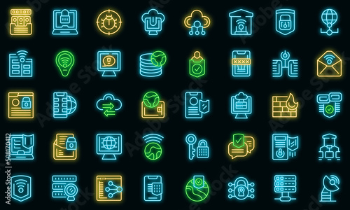 Jakarta icons set outline vector. Architecture building. Indonesia skyline vector neon