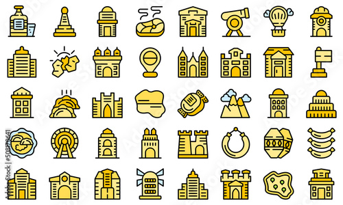 Krakow icons set outline vector. Polish architecture. Europe city thin line color flat on white
