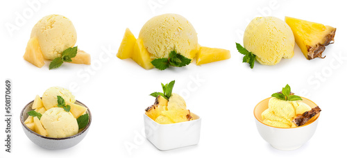 Set of sweet pineapple ice-cream isolated on white