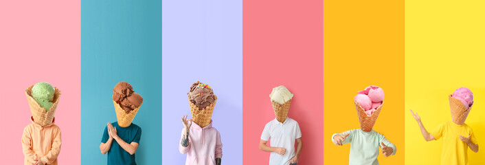 Set of men with tasty ice-cream instead of their heads on colorful background