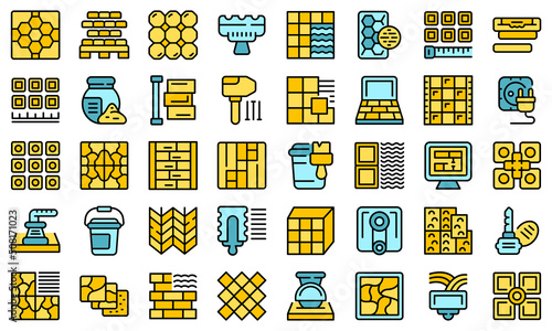 Installing tiles icons set outline vector. House taller. Fix tile thin line color flat on white