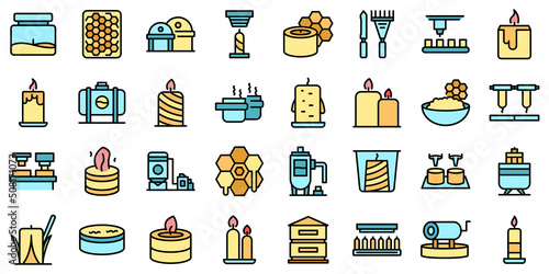 Production of candles icons set outline vector. Making artist. Automation beeswax thin line color flat on white