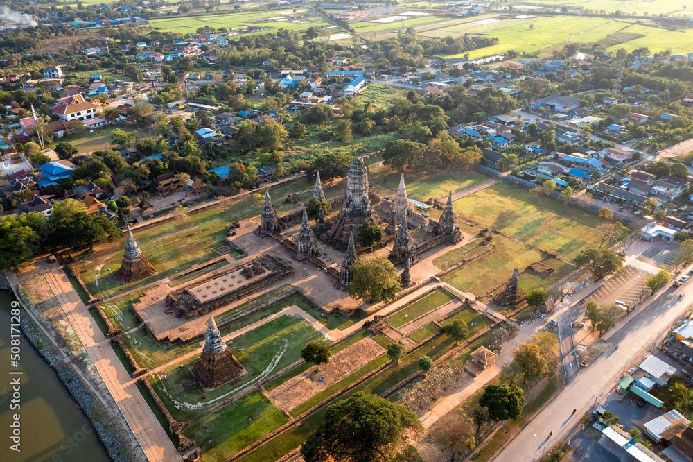 Aerial view of Wat Chaiwatthanaram, famous ruin temple near the Chao Phraya river in Ayutthaya, Thailand