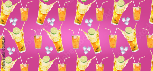 Many glasses of tasty cold iced tea on color background