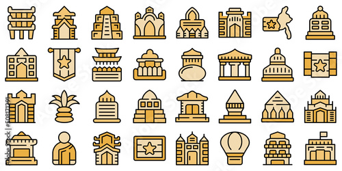 Myanmar icons set outline vector. Burma yangon. Map architecture thin line color flat on white